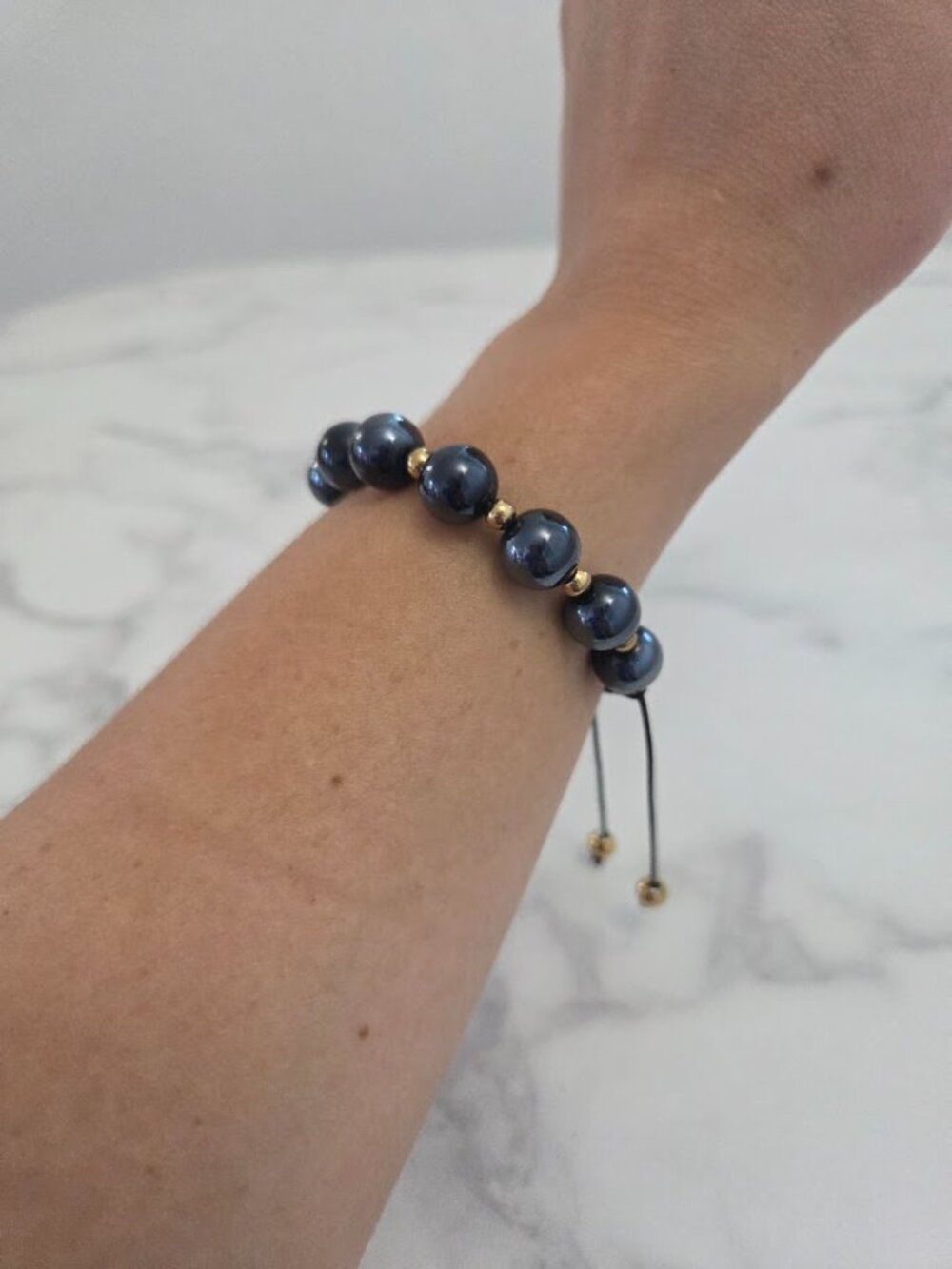 Unisex Dark Metallic Gray Bead Adjustable Macrame Bracelet Gold Accents - Picture 5 of 11